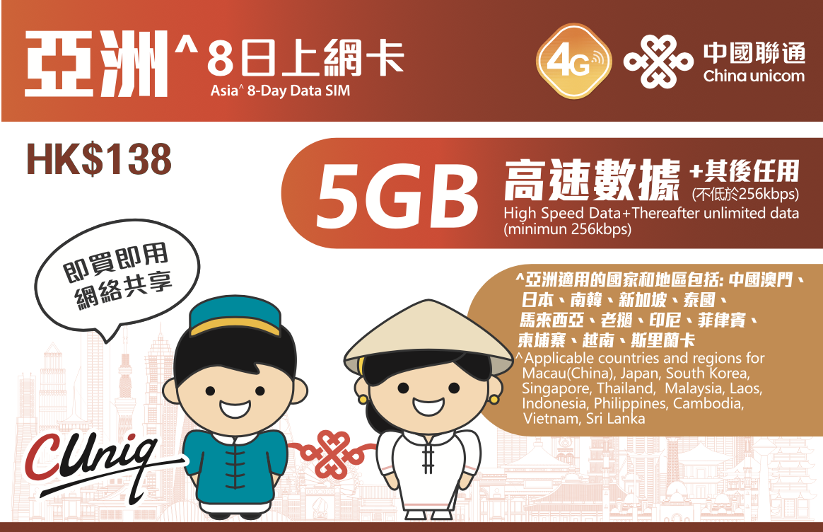 亚洲8日上网卡（5GB）